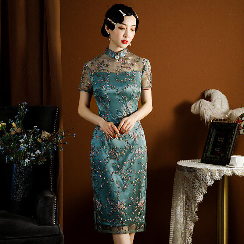 New Ladies Green Mesh Embroidered Floral Chinese Style Qipao Cheongsam Dress.