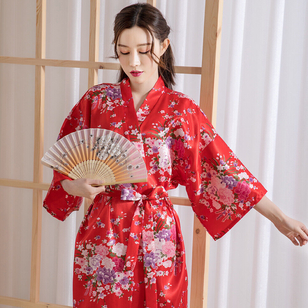 Elegant Japanese Chinese Satin Red Floral Design Ladies Kimono Style Bathrobe