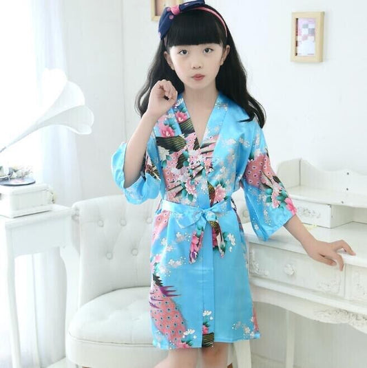 New Girls Chinese Brilliant Blue Peacock Prints  Satin Kimono Dressing Gown Robe