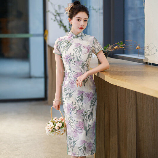 New Blossoming Elegance Chinese Lilac Floral Prints Long Cheongsam Qipao Dress