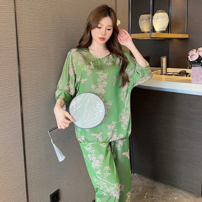 Elegant Willow Green Satin Pyjamas Set with Traditional Chinese Floral Pattern