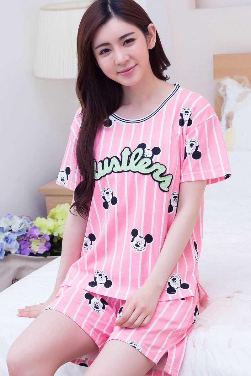 Ladies Pink Yankee Micky Mouse T-shirt & Bottom Stripes Pyjamas Pajamas ladpj85