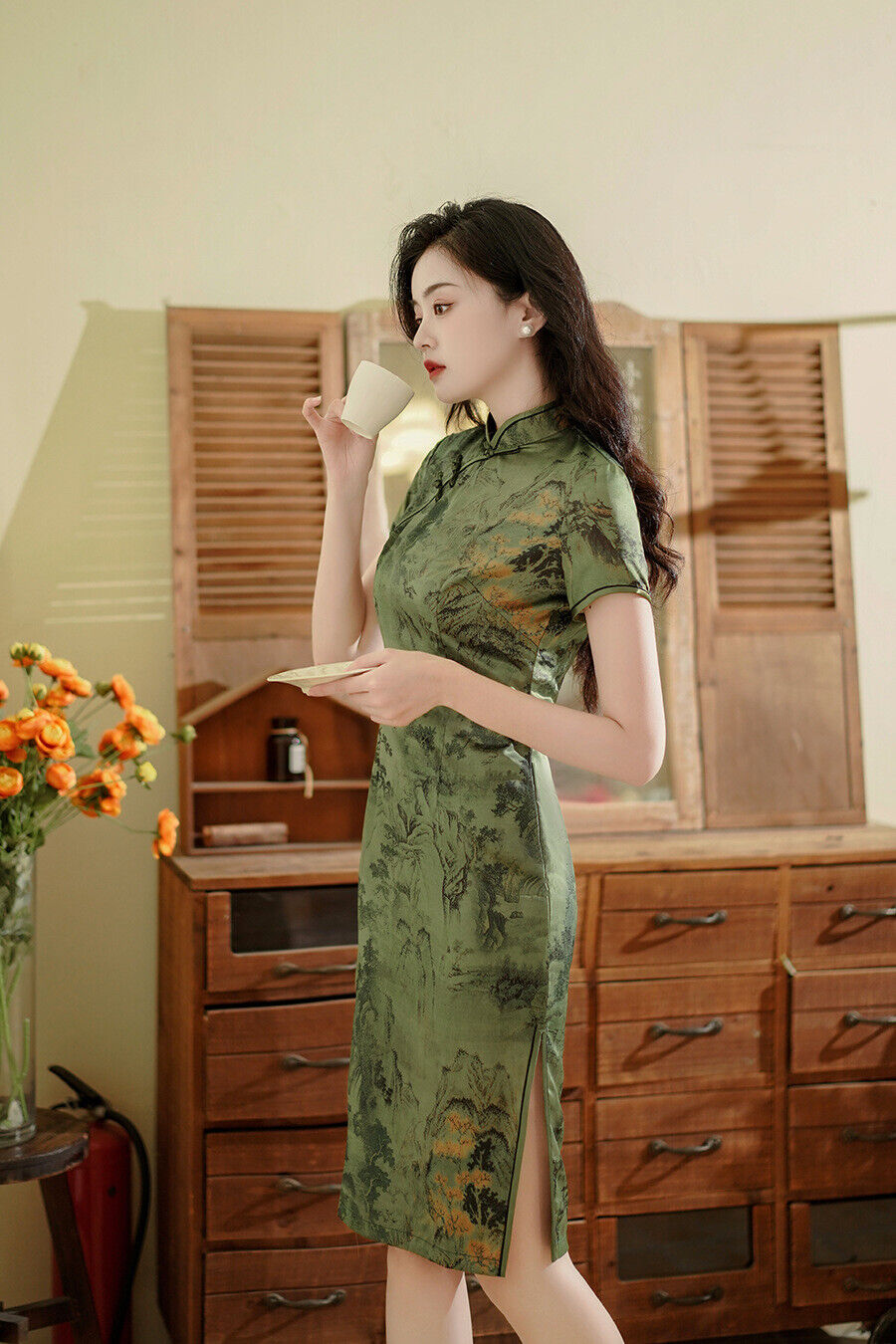 New Ladies Chinese Summer Willow Green Scenic Prints Dress Cheongsam Qipao