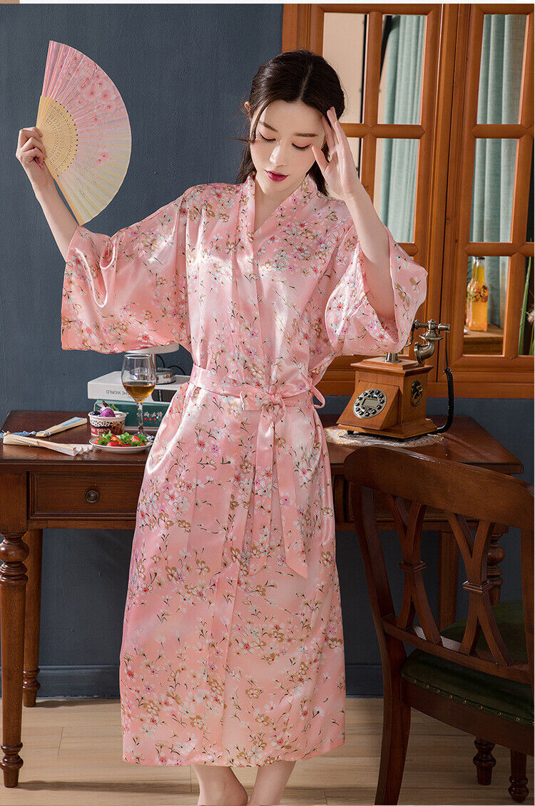 Elegant Japanese Chinese Satin Pink Floral Design Ladies Kimono Style Bathrobe