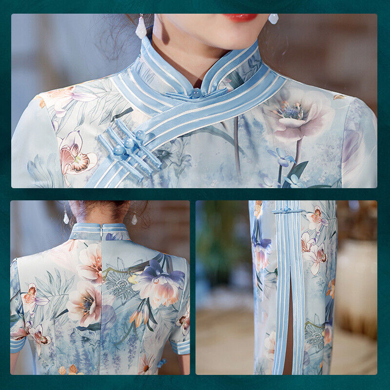 New Luxurious Chinese Powder Blue Peony Floral Prints Long Cheongsam Qipao Dress