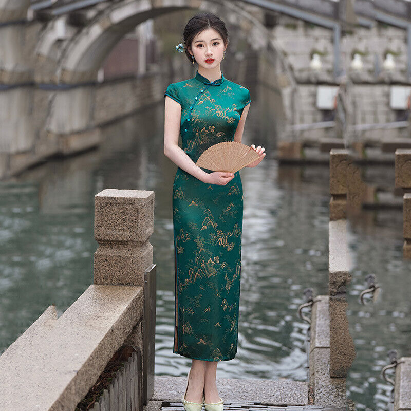 Chinese Elegant Emerald Satin Cheongsam Qipao Dress with Golden Mountain Motif