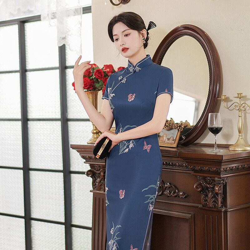 Ladies Chinese Azure Blue Orchid Butterflies Prints Trim Dress Cheongsam Qipao