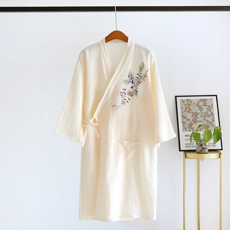 Ladies Japanese Ivory Kimono Dressing Gown with Embroidered Pear Tree Blossoms