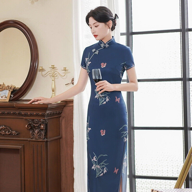 Ladies Chinese Azure Blue Orchid Butterflies Prints Trim Dress Cheongsam Qipao