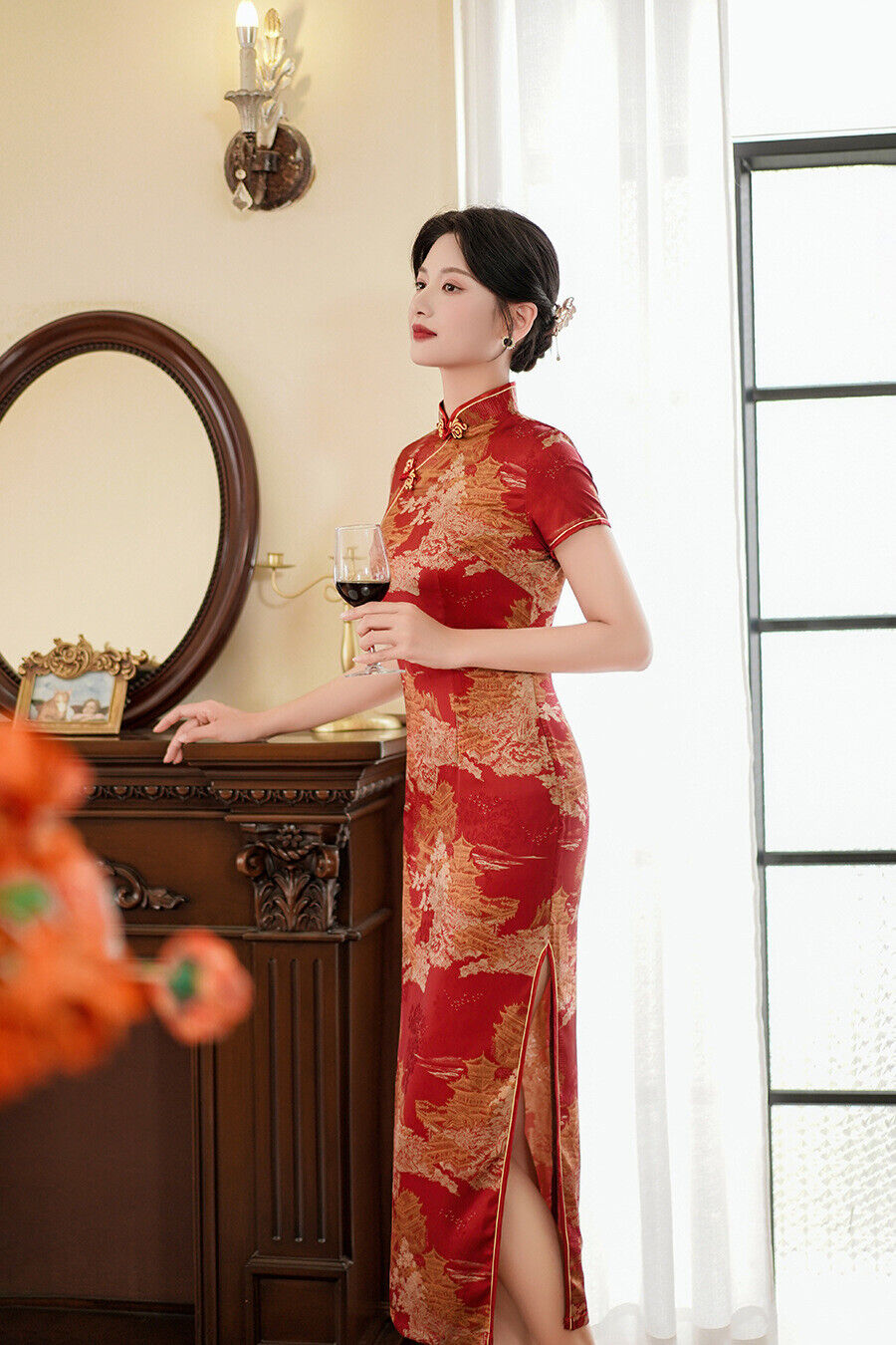 Ladies Chinese Red With Golden Ancient Scenery Prints Trim Dress Cheongsam Qipao