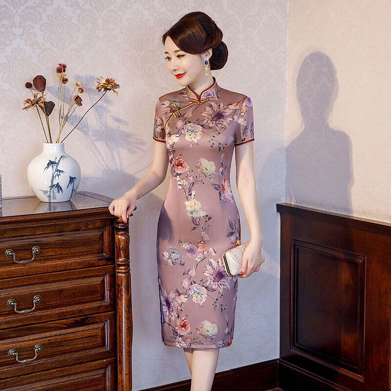 Luxurious Chinese Satin Lilac Peony Floral Prints Short Cheongsam Qipao Dress