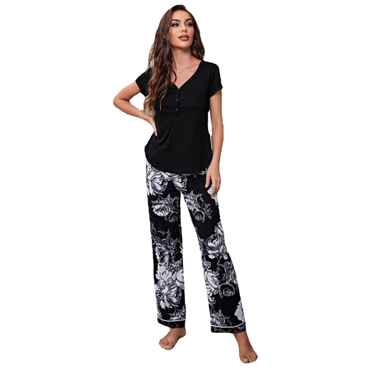 Elegant Ladies' Black Floral Cotton Pyjama Set – Comfortable & Stylish Sleepwear