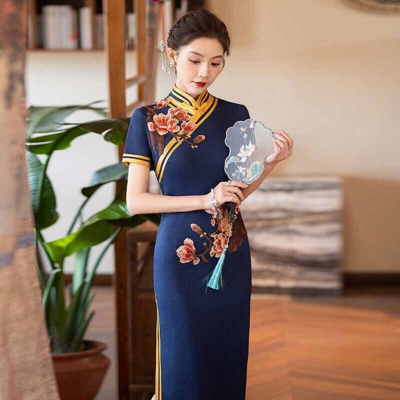 New Luxurious Satin Chinese Midnight Blue Embroidered Long Dress Cheongsam Qipao