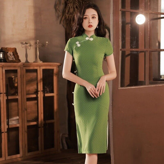 New Luxurious Chinese Willow Green Floral Patterned Short Cheongsam Qipao Dress