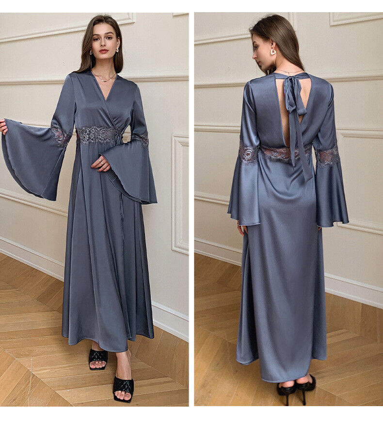 New Elegant Blue Violet Satin Ladies Flared Sleeves Open Back Long Nightdress