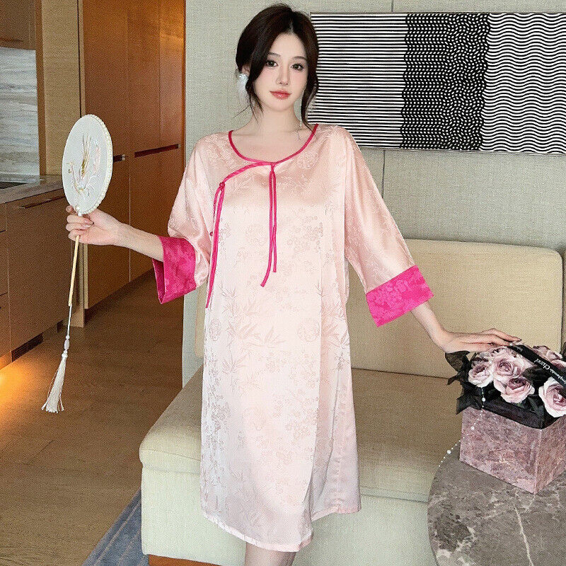 Luxurious Blossom Pink Ladies Satin Night Dress with Chinese Inspirational Touch