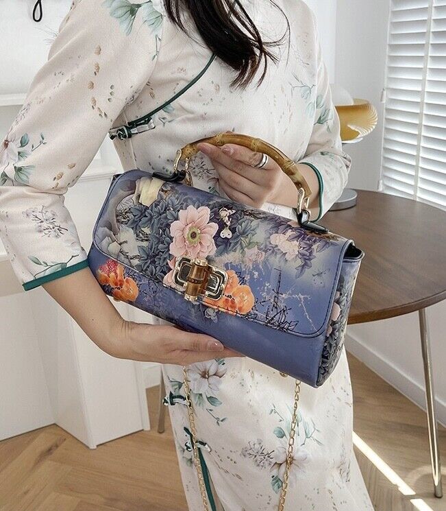 Twilight Blossom: Chinese-Inspired Floral Handbag with Bamboo Handle