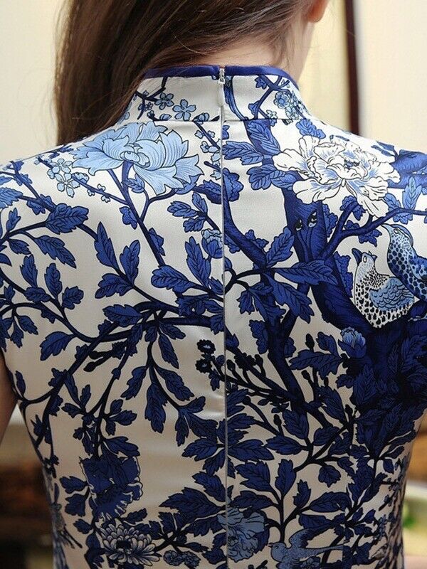 New Luxurious Satin Chinese Porcelain Blue Floral Prints Dress Cheongsam Qipao