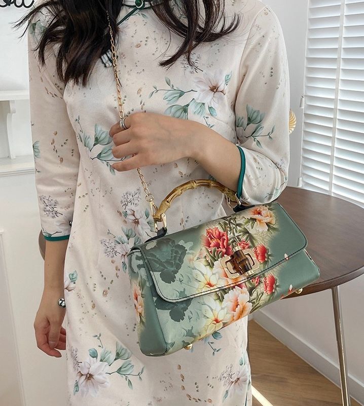 Elegant Chinese Style Green Floral Handbag - Bamboo Handle & Chain Strap