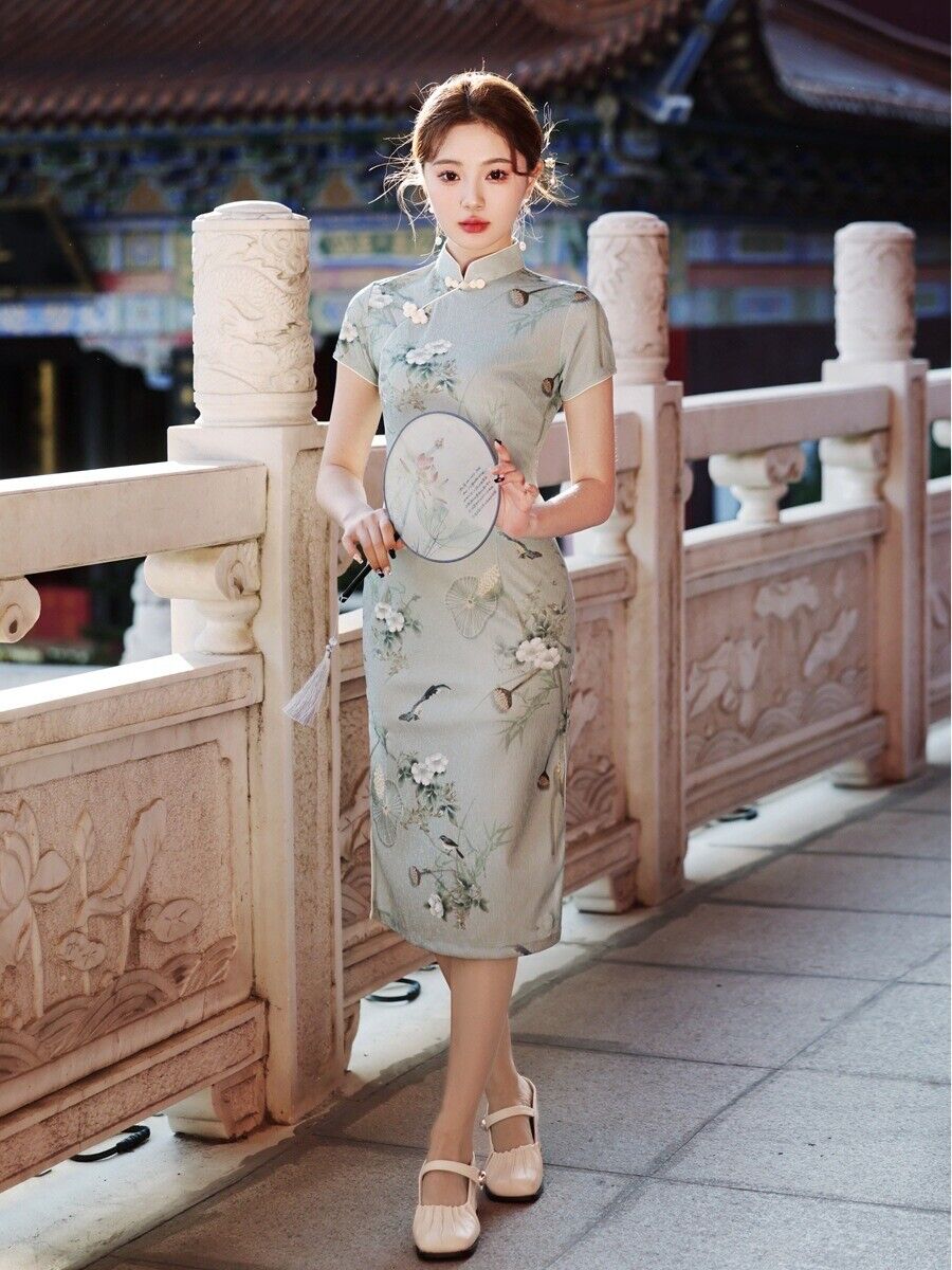 Whispering Winds: Elegant Over-the-Knee Qipao in Light Green with Floral & Birds