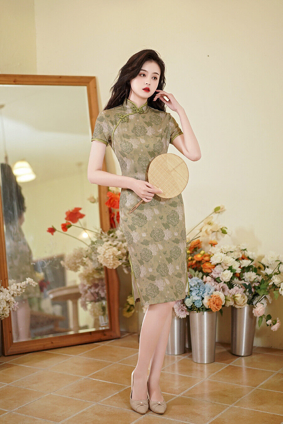 New Ladies Chinese Vintage Green and Floral Prints Trim Dress Cheongsam Qipao