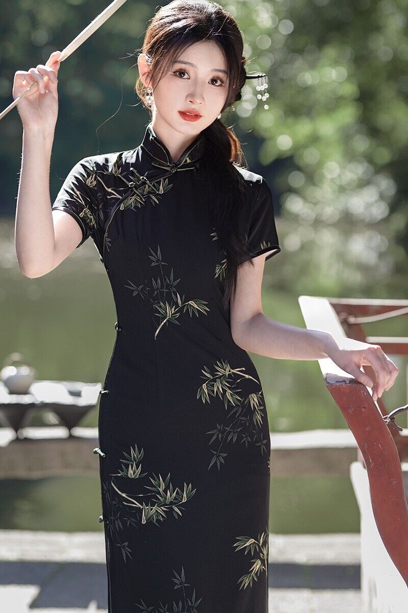 Elegant Traditional Chinese Cheongsam Mandarin Collar Bamboo Black Qipao Dress