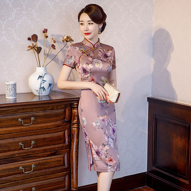 Luxurious Chinese Satin Lilac Peony Floral Prints Short Cheongsam Qipao Dress