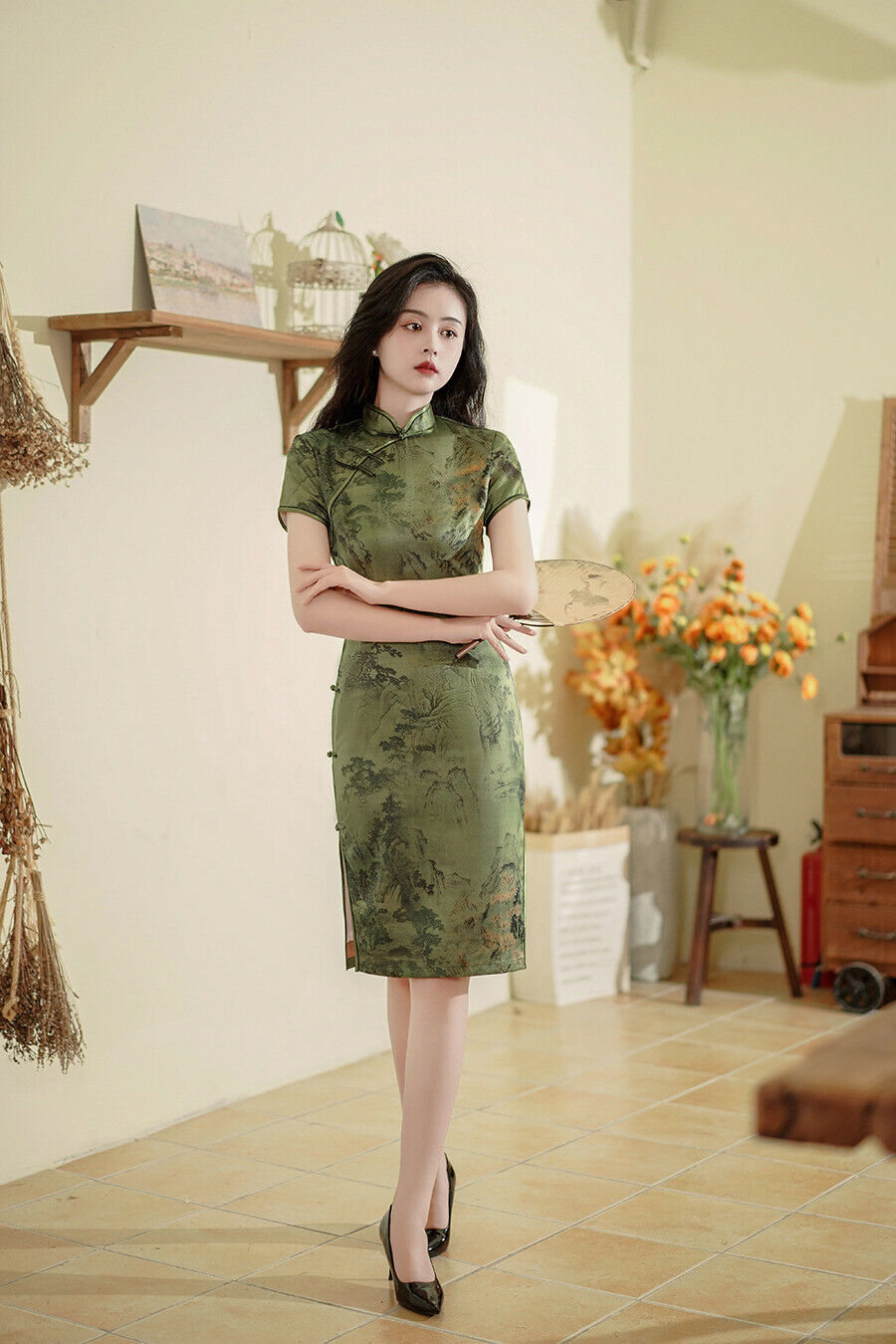 New Ladies Chinese Summer Willow Green Scenic Prints Dress Cheongsam Qipao