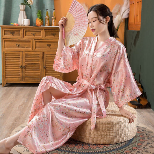 Elegant Japanese Chinese Satin Pink Floral Design Ladies Kimono Style Bathrobe