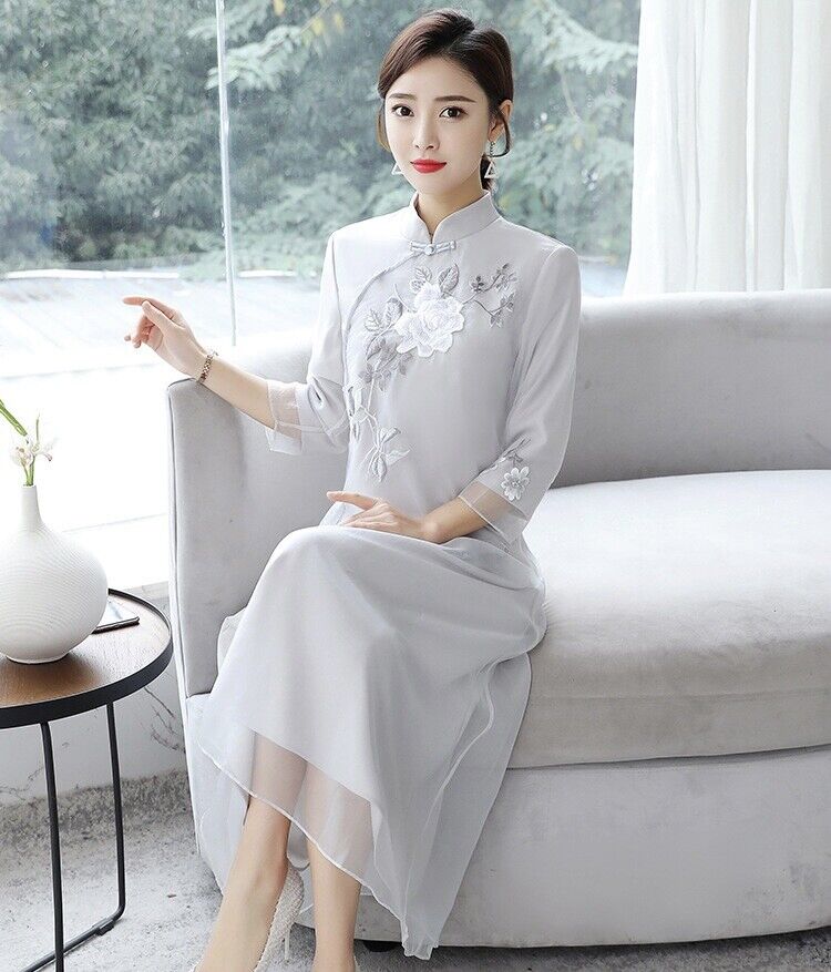 Luxurious Chinese Light Grey Chiffon Floral Embroidered Cheongsam Qipao Dress