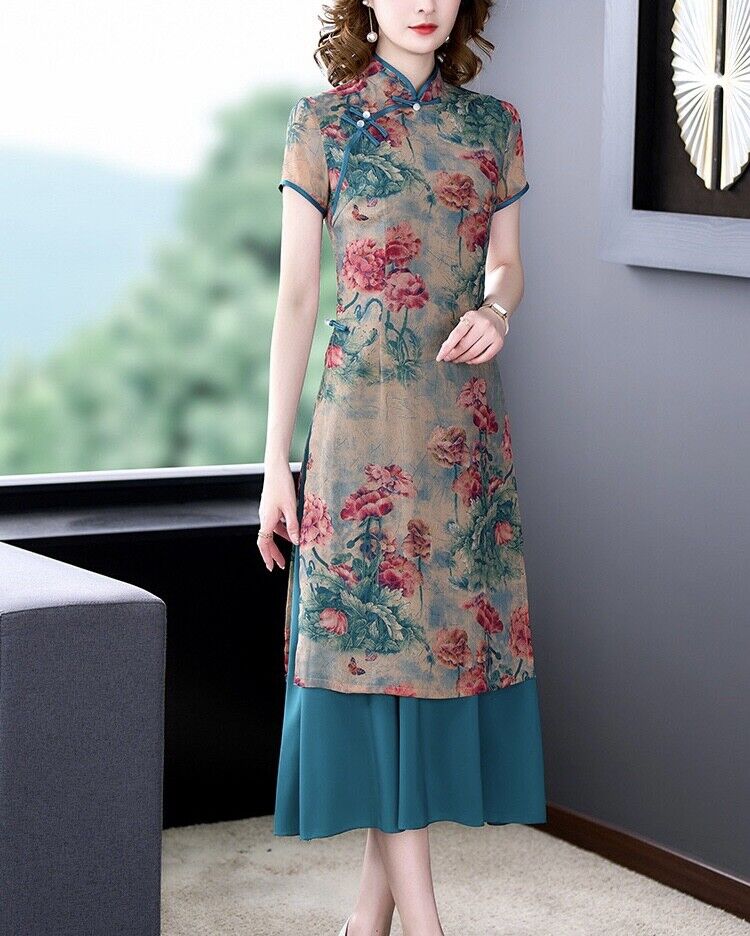 Luxurious Chinese Silk Floral Prints Green Faux 2-Piece Cheongsam Qipao Dress