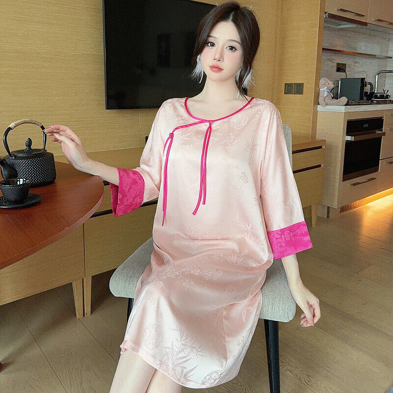 Luxurious Blossom Pink Ladies Satin Night Dress with Chinese Inspirational Touch