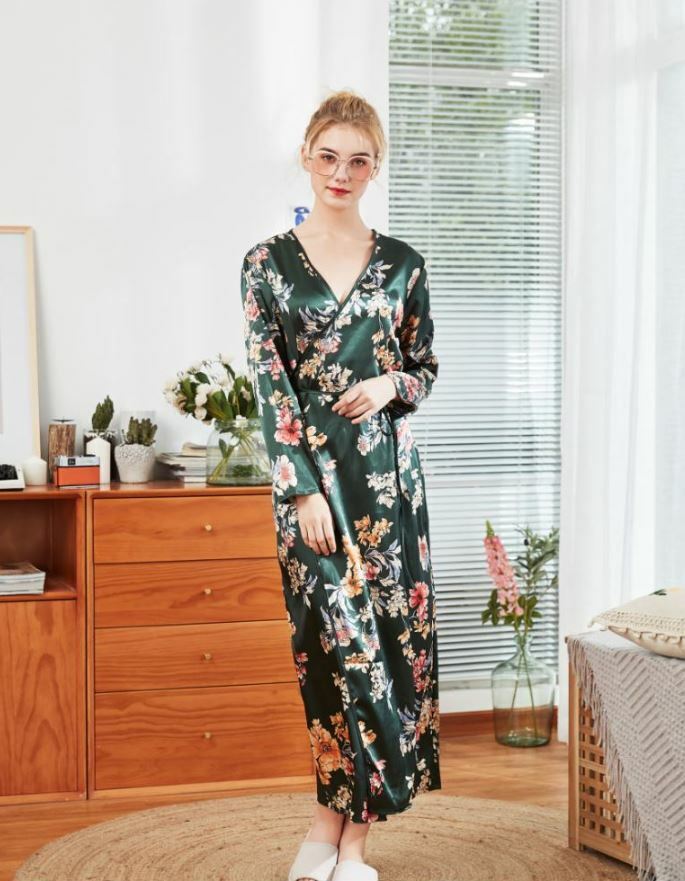 Luxurious Ladies Green Flower Prints Long Silky Dressing Gown Bath Robe ladpj246