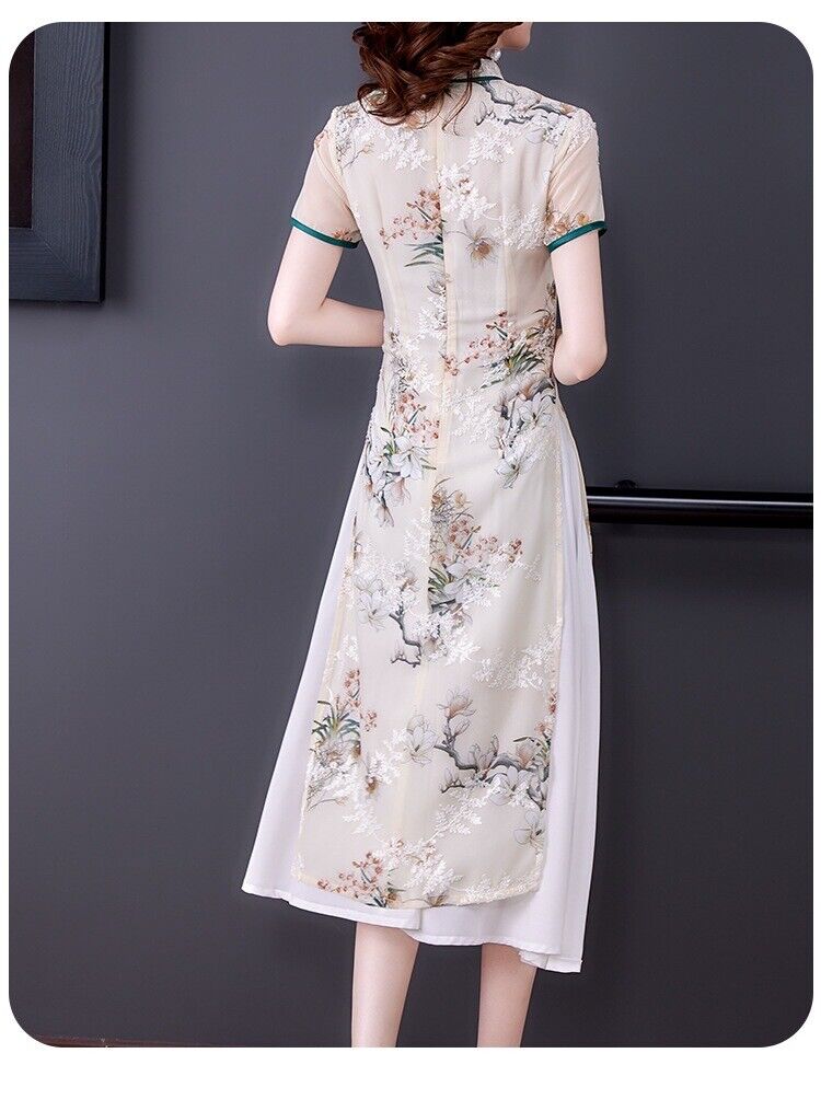 Luxurious Chinese Light Green Chiffon Floral Faux 2-Piece Cheongsam Qipao Dress