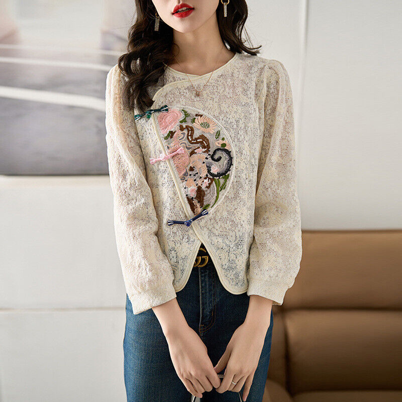 New Exquisite Ladies Lace Chinese Style Shirt with Floral Embroidery Detail