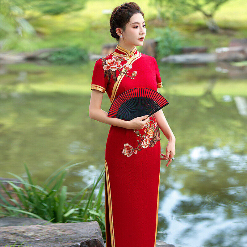 New Luxurious Satin Chinese China Red Embroidered Long Dress Cheongsam Qipao