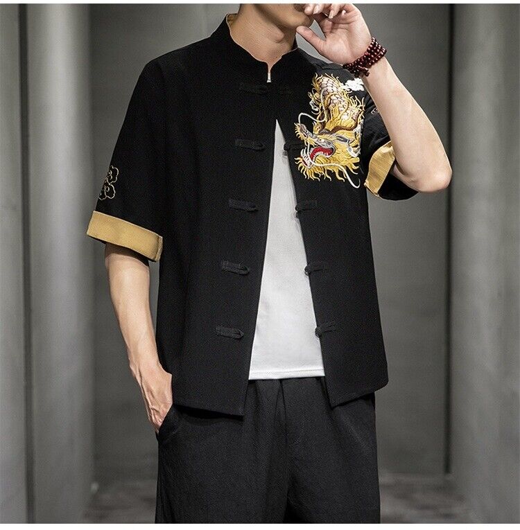 New Mens Traditional Chinese Style Shirt with Dragon Embroidery in Mystery Black