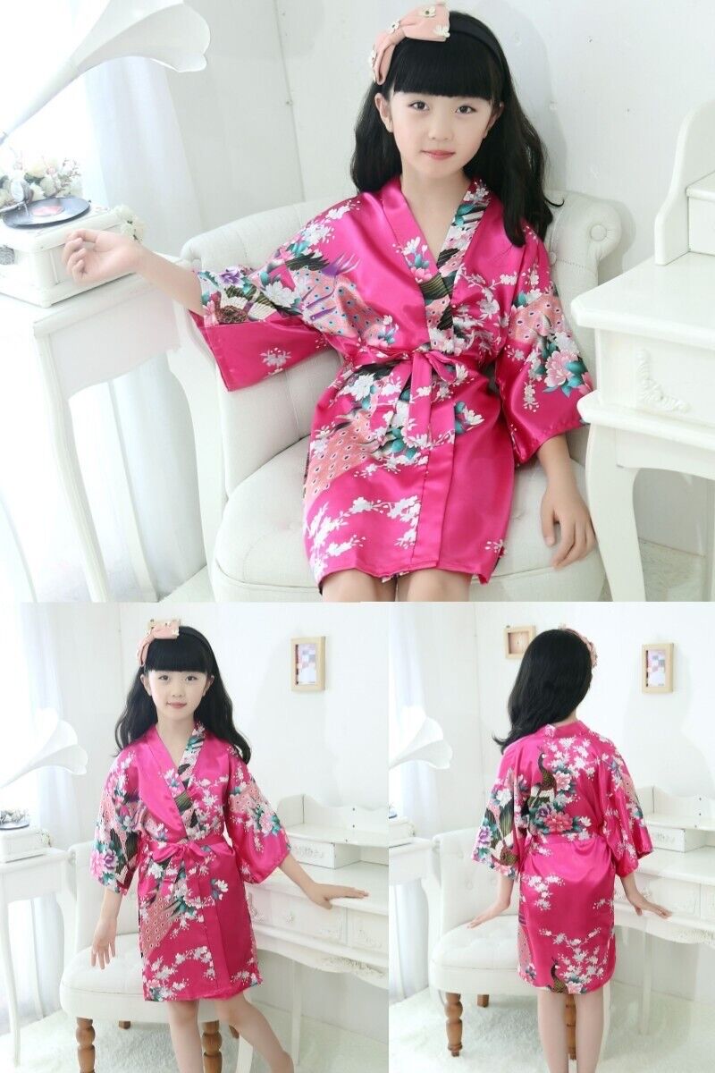 New Girls Chinese Purple Pink Peacock Prints  Satin Kimono Dressing Gown Robe