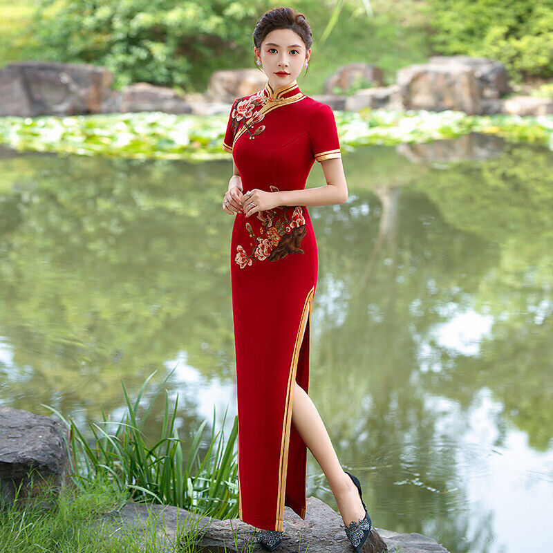 New Luxurious Satin Chinese China Red Embroidered Long Dress Cheongsam Qipao