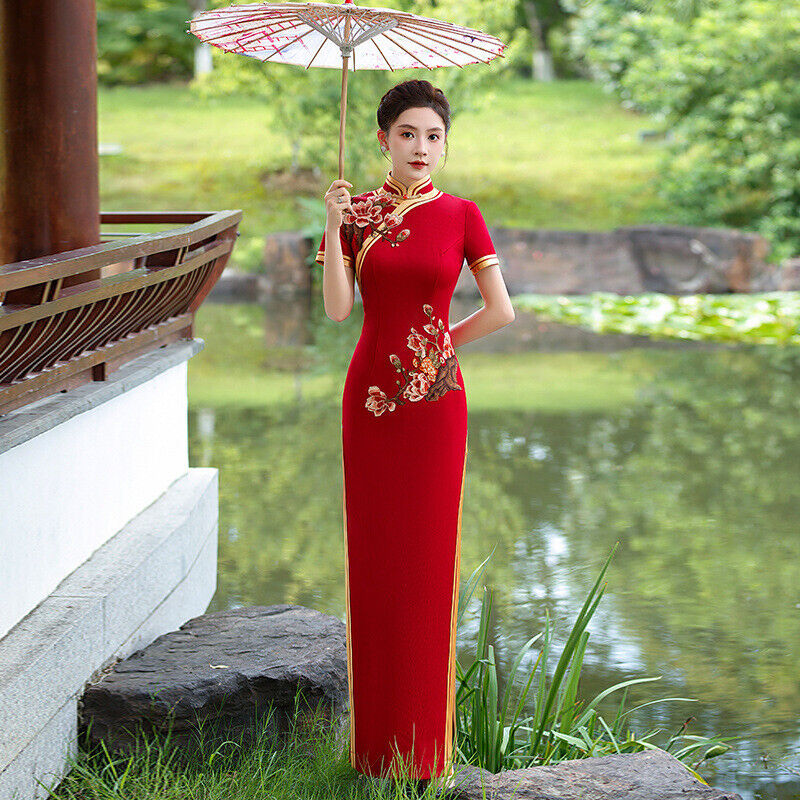 New Luxurious Satin Chinese China Red Embroidered Long Dress Cheongsam Qipao