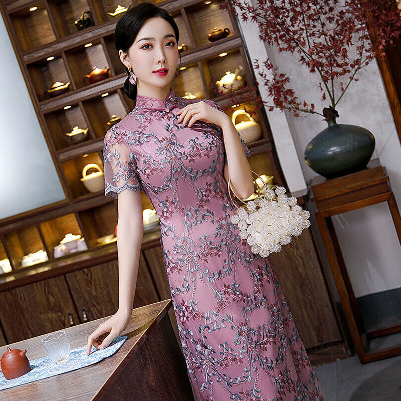 New Ladies Purple Mesh Embroidery Beaded Chinese Style Qipao Cheongsam Dress.