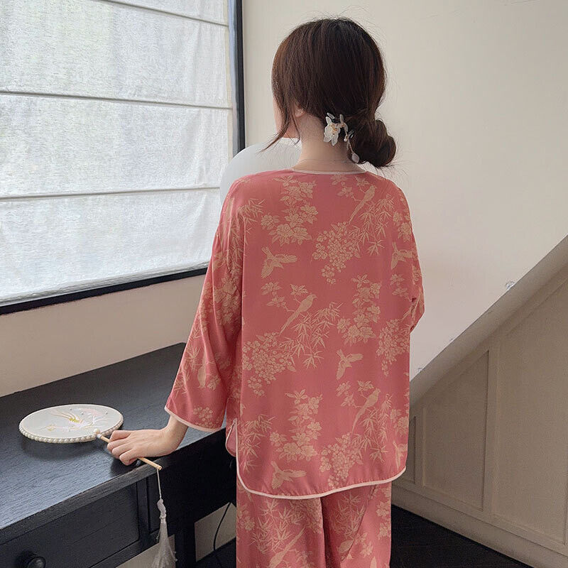 New Elegant Peach Pink Satin Pyjamas Set with Traditional Chinese Floral Pattern