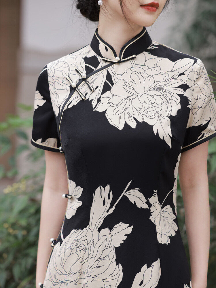 Luxurious Chinese Trimmed Large Ivory Floral Prints Black Cheongsam Qipao Dress