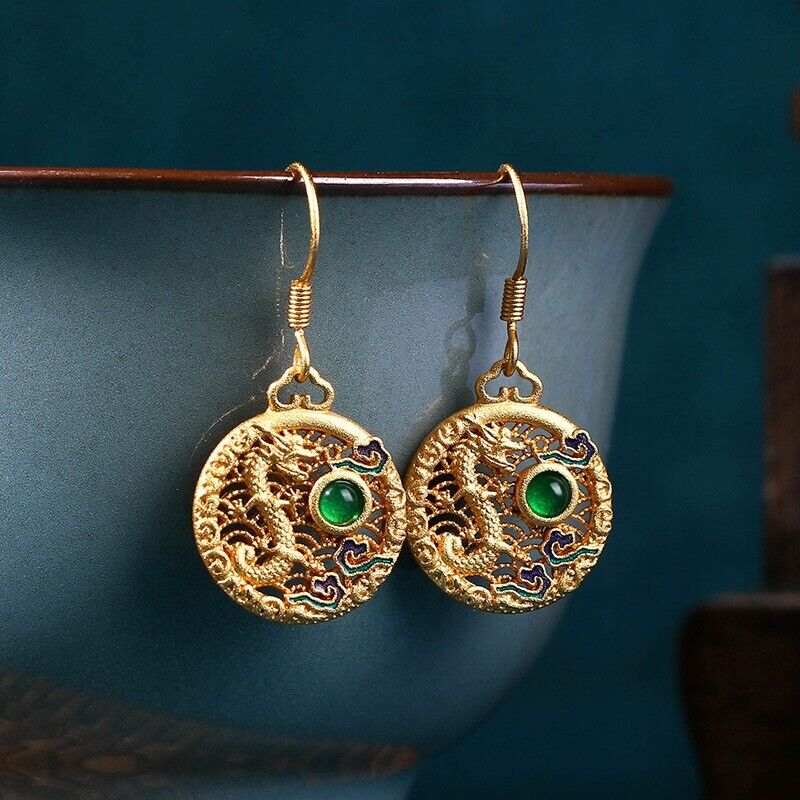 Chinese-Inspired Dragon Motif Gold-Plated Earrings with Green Gemstone Accents