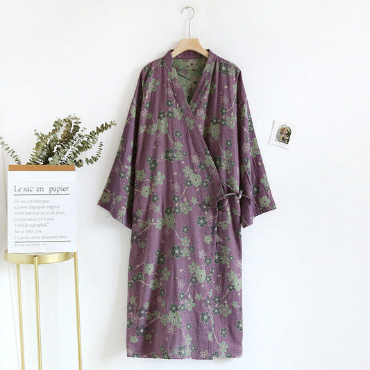 Blossom Serenity: Women Chinese Japanese Style Long Cotton Kimono Dressing Gown