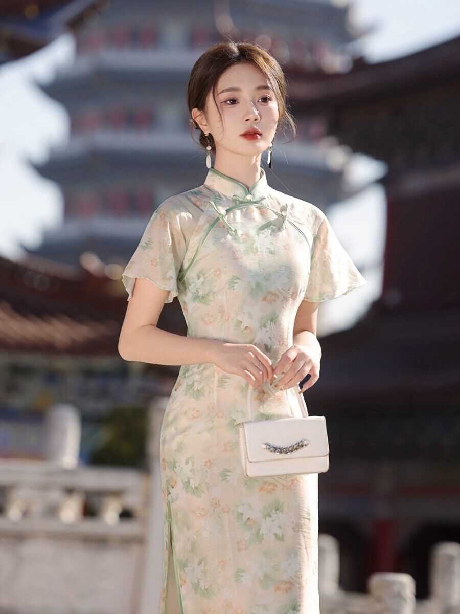 Ethereal Blossom Elegant Long Green Qipao Cheong Dress in Pastel Floral Jacquard