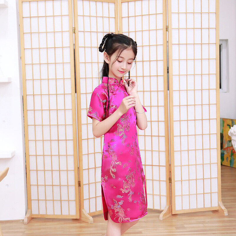 Childrens Girls Chinese Purple Pink & Gold Dragons Satin Qipao Cheongsam Dress