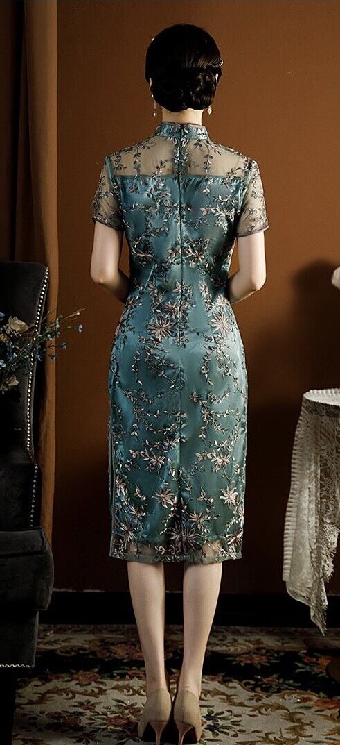 New Ladies Green Mesh Embroidered Floral Chinese Style Qipao Cheongsam Dress.