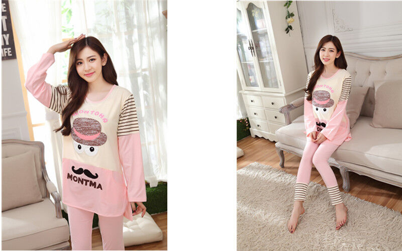 Cute Ladies Women Pink Mustache Long Top & Leggings Set Pyjamas Pajamas ladpj37