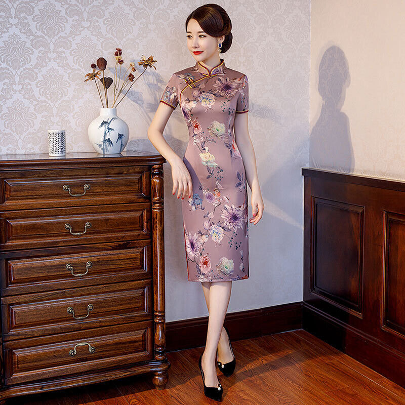 Luxurious Chinese Satin Lilac Peony Floral Prints Short Cheongsam Qipao Dress